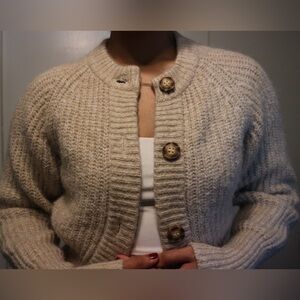 Zara Wool Mix Cream Button-Up Cardigan